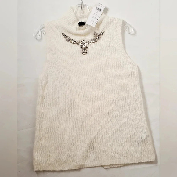 French Connection Mathilde Knit High Neck Sz S Ivory Jeweled Sweater - Picture 3 of 11